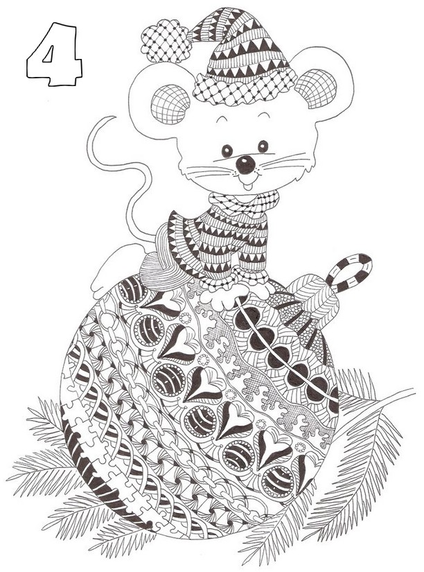 Online coloring book: Coloring page rat on a Christmas ball